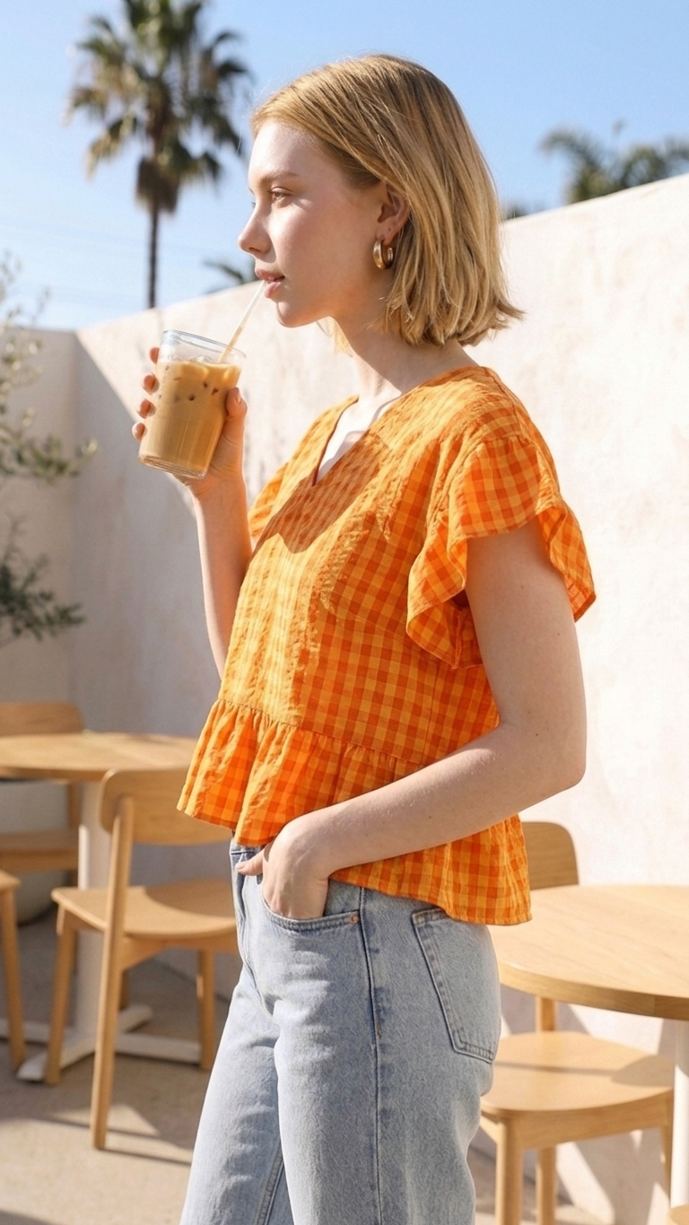 Turquoise Gingham Peplum Top