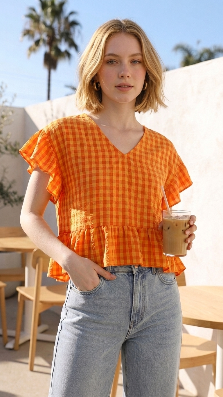 Turquoise Gingham Peplum Top