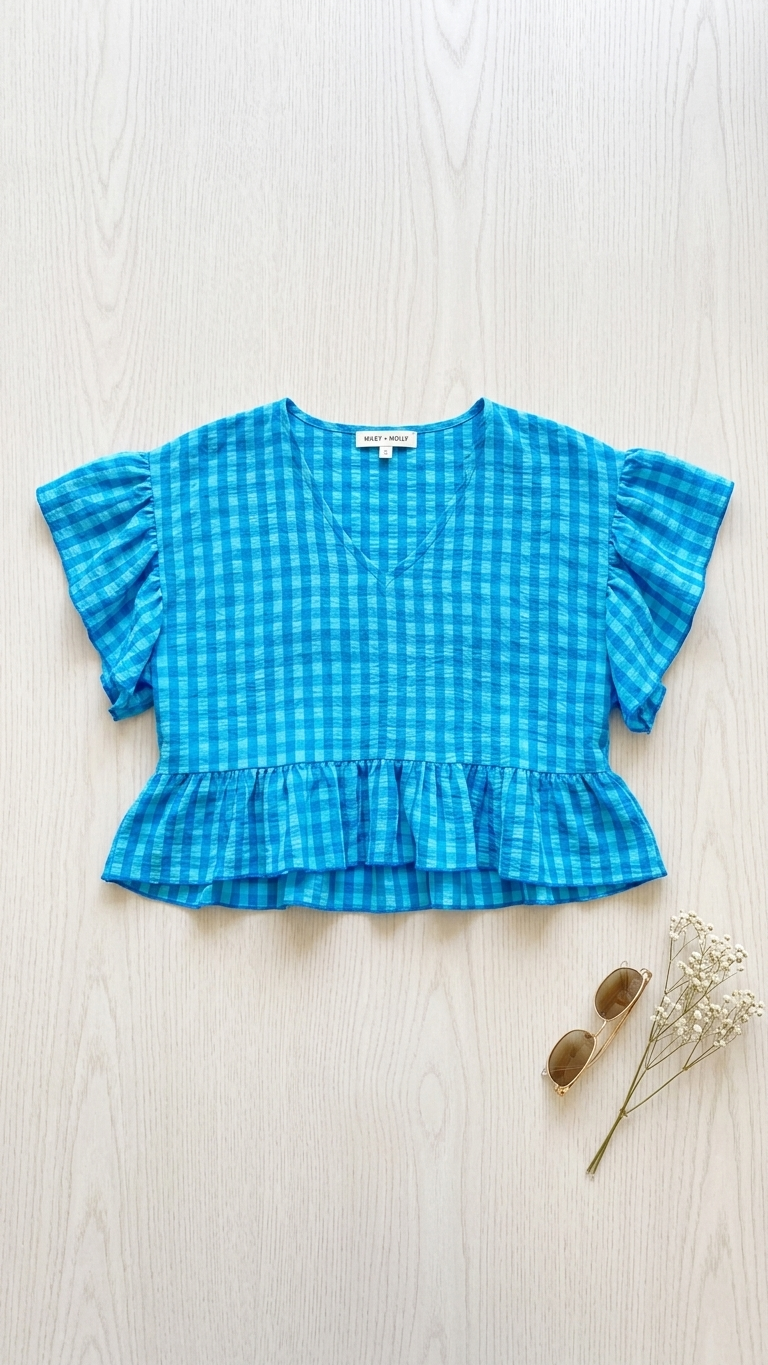 Turquoise Gingham Peplum Top