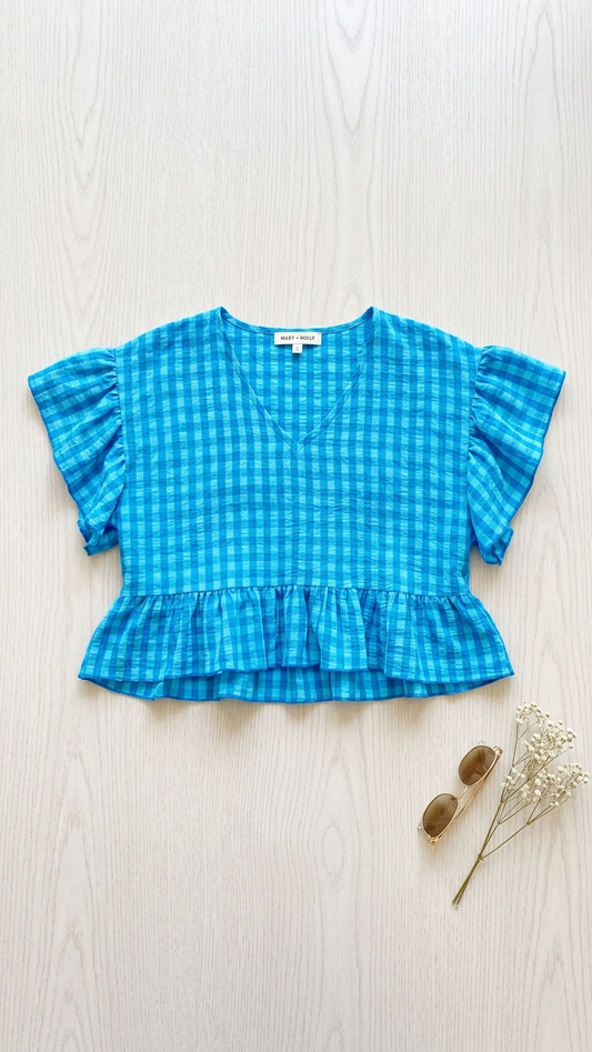 Turquoise Gingham Peplum Top