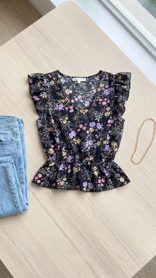 Black Floral Ruffle Top