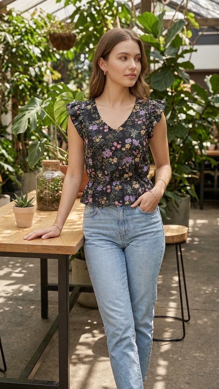 White Floral Ruffle Top