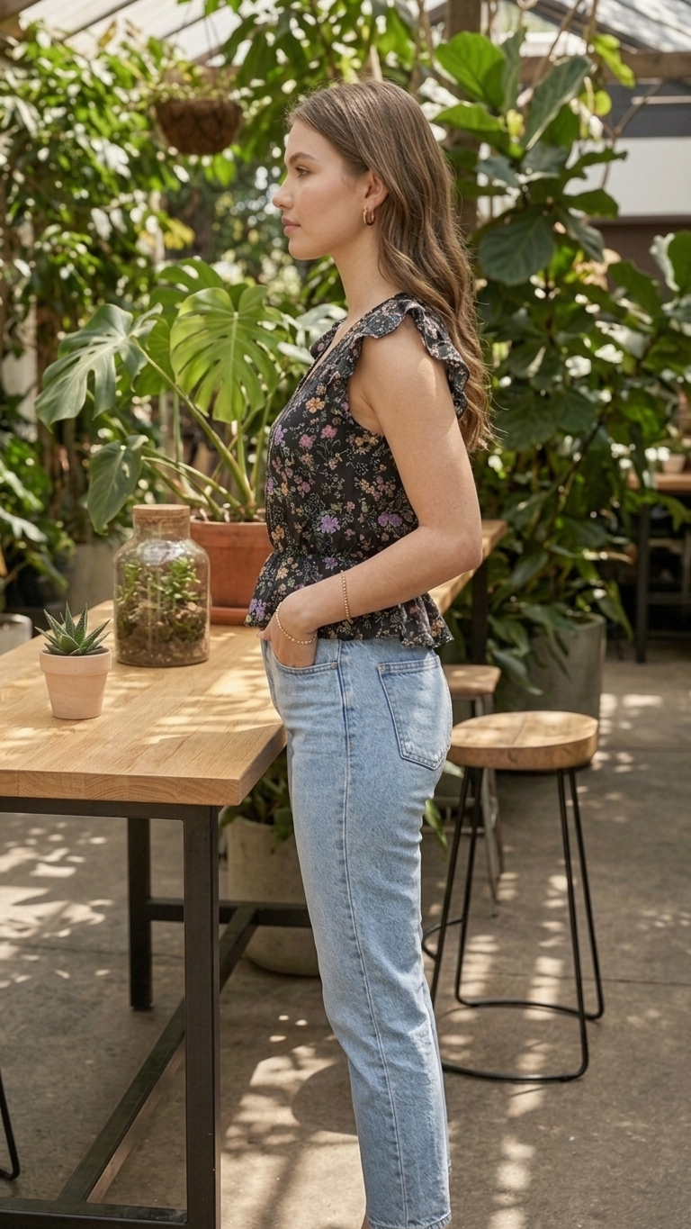Black Floral Ruffle Top