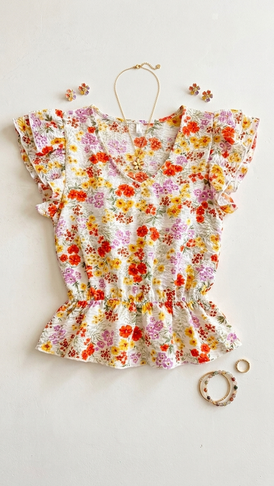 White Floral Ruffle Top