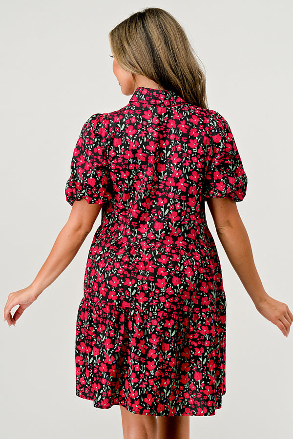 Floral Print Tiered Dress with Puff Sleeves - Button-Down Casual Summer Dress