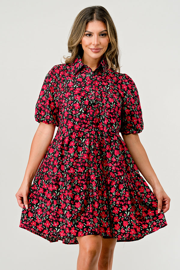 Floral Print Tiered Dress with Puff Sleeves - Button-Down Casual Summer Dress