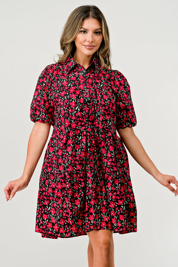 Floral Print Tiered Dress with Puff Sleeves - Button-Down Casual Summer Dress