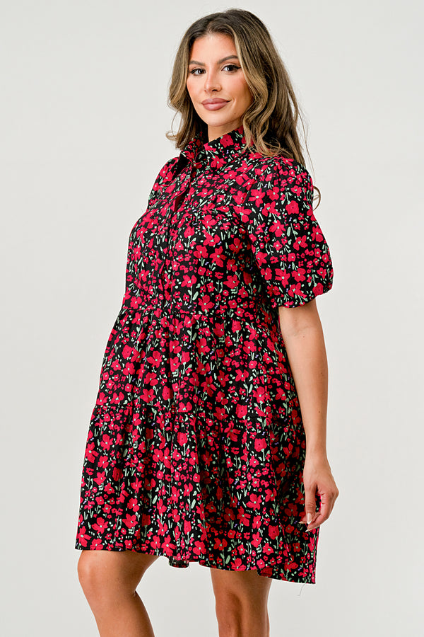 Floral Print Tiered Dress with Puff Sleeves - Button-Down Casual Summer Dress