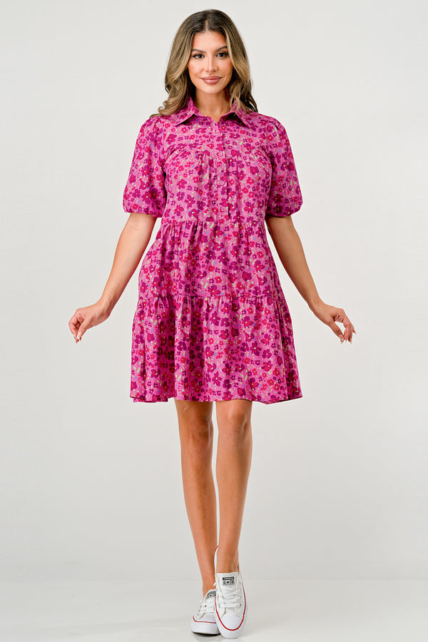 Floral Print Tiered Dress with Puff Sleeves - Button-Down Casual Summer Dress