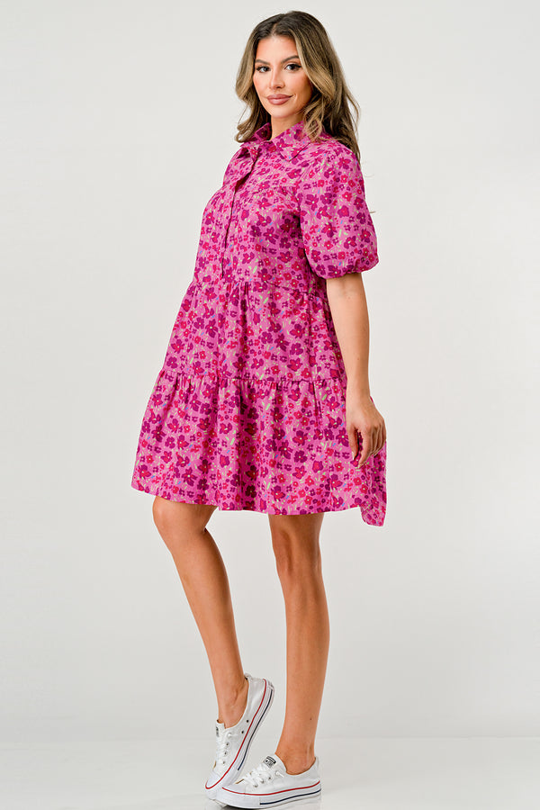 Floral Print Tiered Dress with Puff Sleeves - Button-Down Casual Summer Dress