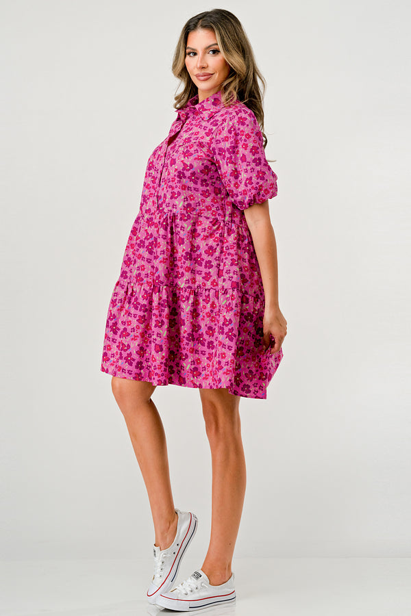 Floral Print Tiered Dress with Puff Sleeves - Button-Down Casual Summer Dress