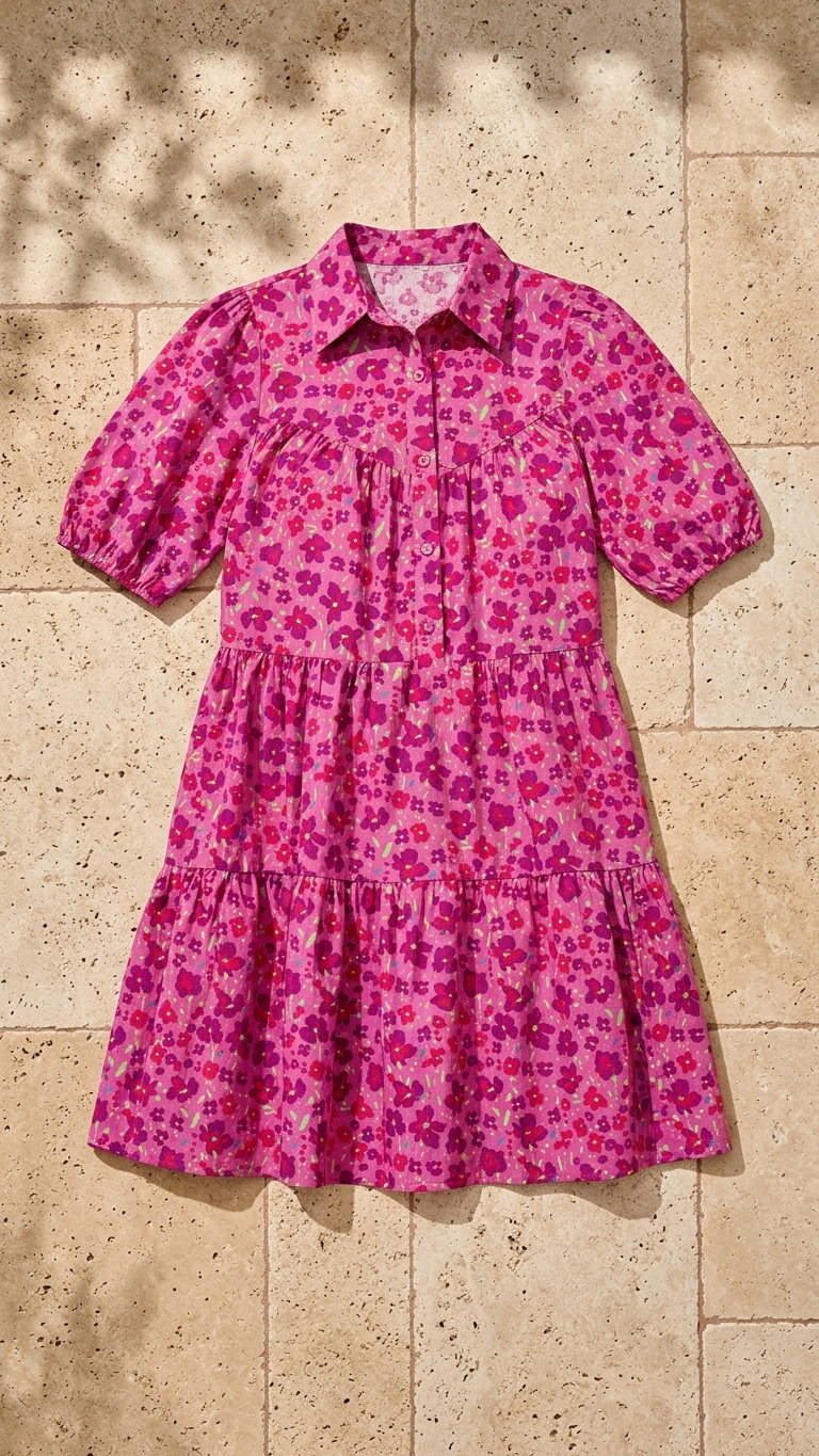 Fuchsia Printed Puff Sleeve Dress