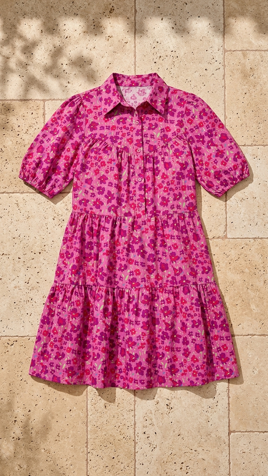 Fuchsia Printed Puff Sleeve Dress