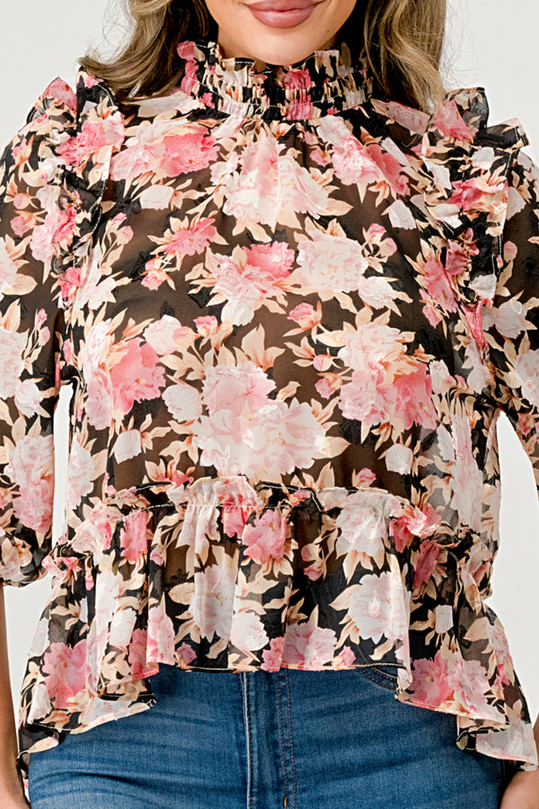 Floral High-Neck Ruffle Blouse