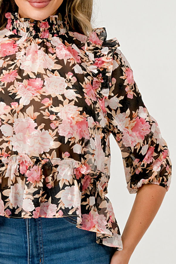 Floral High-Neck Ruffle Blouse