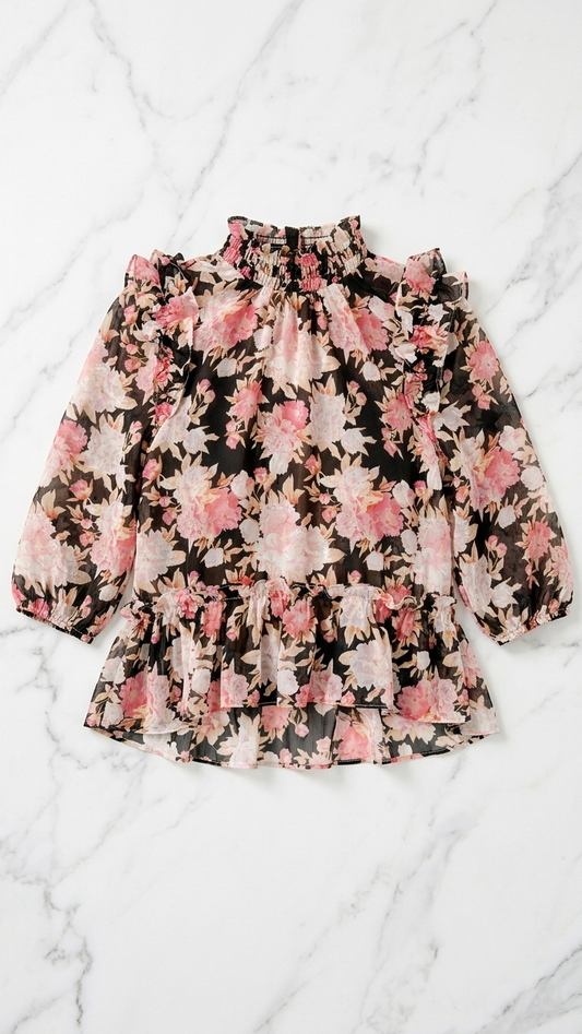Black Floral Mock Neck Top