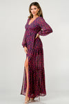 Floral V-Neck Long Sleeve Maxi Dress with Tiered Skirt and Side Slit