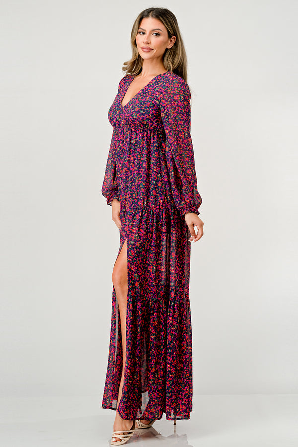 Floral V-Neck Long Sleeve Maxi Dress with Tiered Skirt and Side Slit