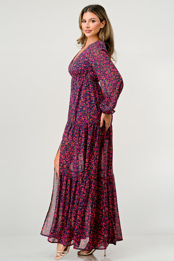 Floral V-Neck Long Sleeve Maxi Dress with Tiered Skirt and Side Slit