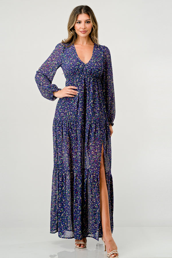 Floral V-Neck Long Sleeve Maxi Dress with Tiered Skirt and Side Slit