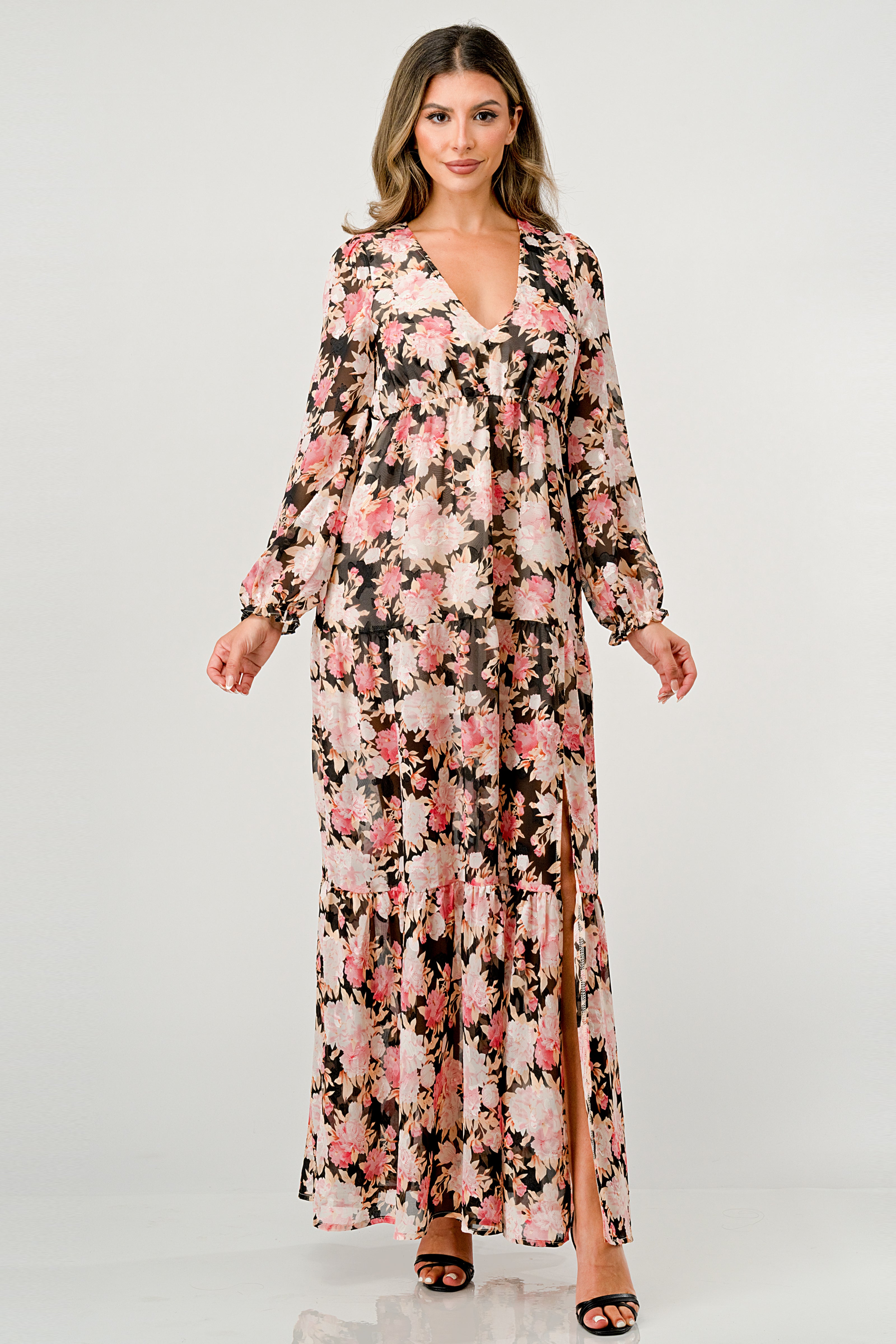 Long Sleeve Maxi Dress with High Slit and Tiered Skirt L / Black