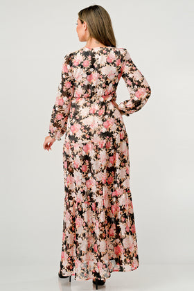 Long Sleeve Maxi Dress with High Slit and Tiered Skirt