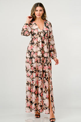 Long Sleeve Maxi Dress with High Slit and Tiered Skirt