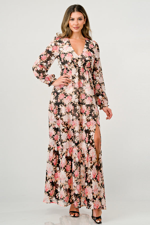 Long Sleeve Maxi Dress with High Slit and Tiered Skirt M / Black Long Sleeve Maxi Dress with High Slit and Tiered Skirt M / Black