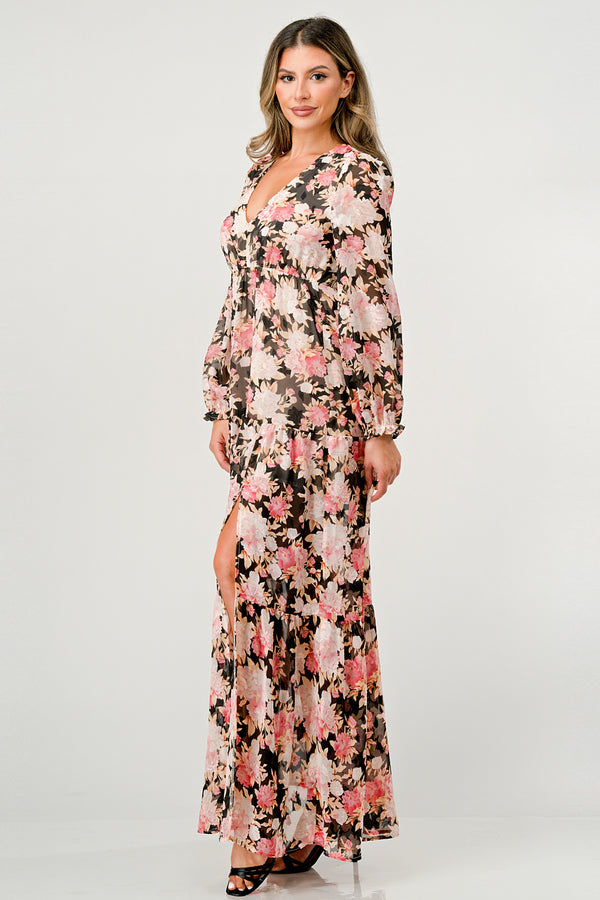 Long Sleeve Maxi Dress with High Slit and Tiered Skirt