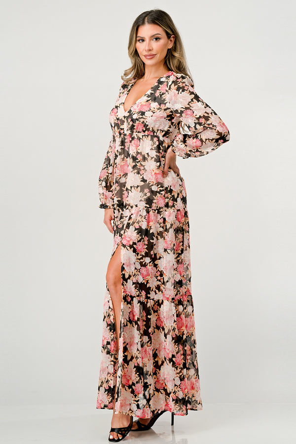 Long Sleeve Maxi Dress with High Slit and Tiered Skirt