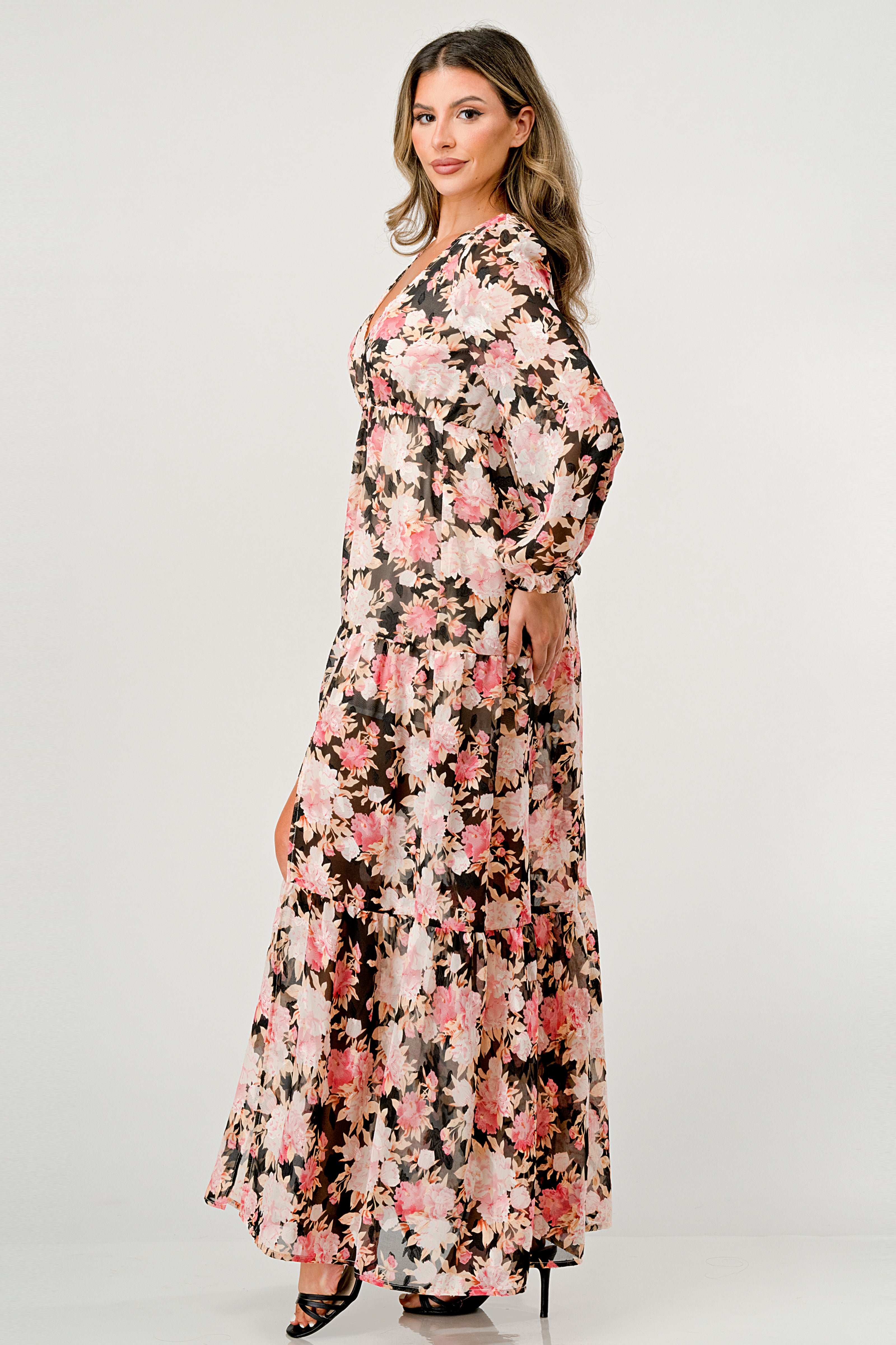 Long Sleeve Maxi Dress with High Slit and Tiered Skirt M / Black