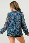 Sheer Printed Long Sleeve Blouse with Smocked Detail