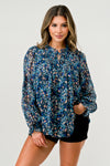 Sheer Printed Long Sleeve Blouse with Smocked Detail