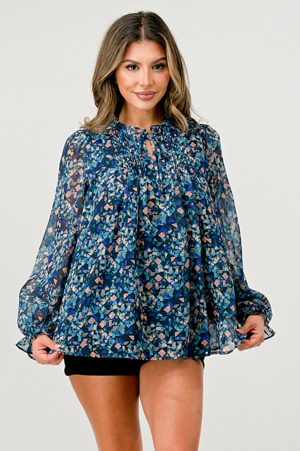 Sheer Printed Long Sleeve Blouse with Smocked Detail