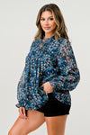 Sheer Printed Long Sleeve Blouse with Smocked Detail