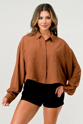 Women's Oversized Button-Up Shirt - Casual and Stylish Cropped Top