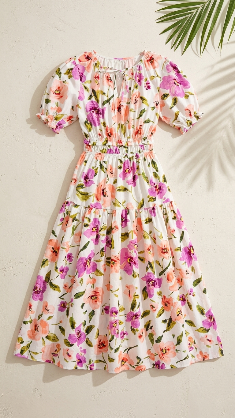 White Big Floral Midi Dress