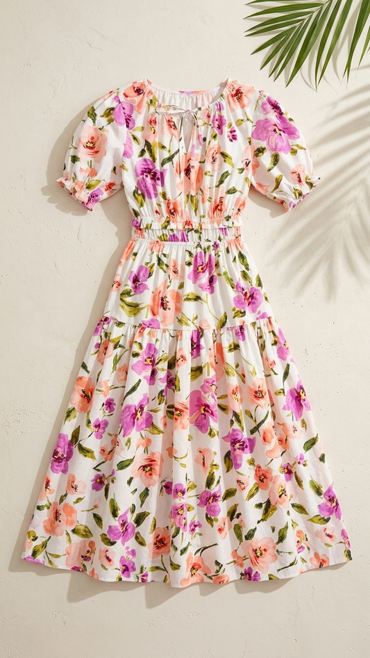 White Big Floral Midi Dress