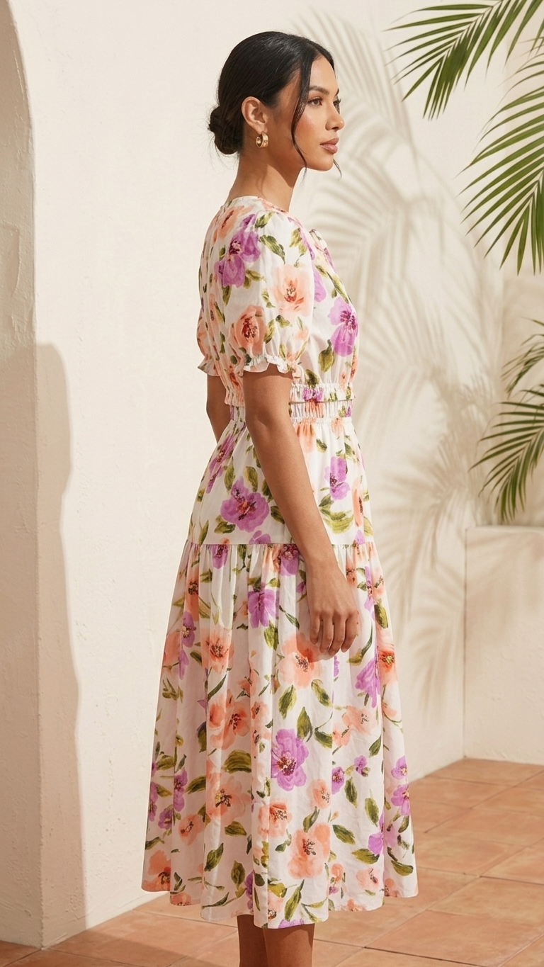 White Big Floral Midi Dress
