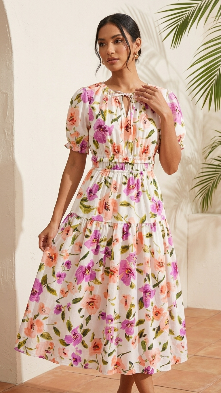 White Big Floral Midi Dress