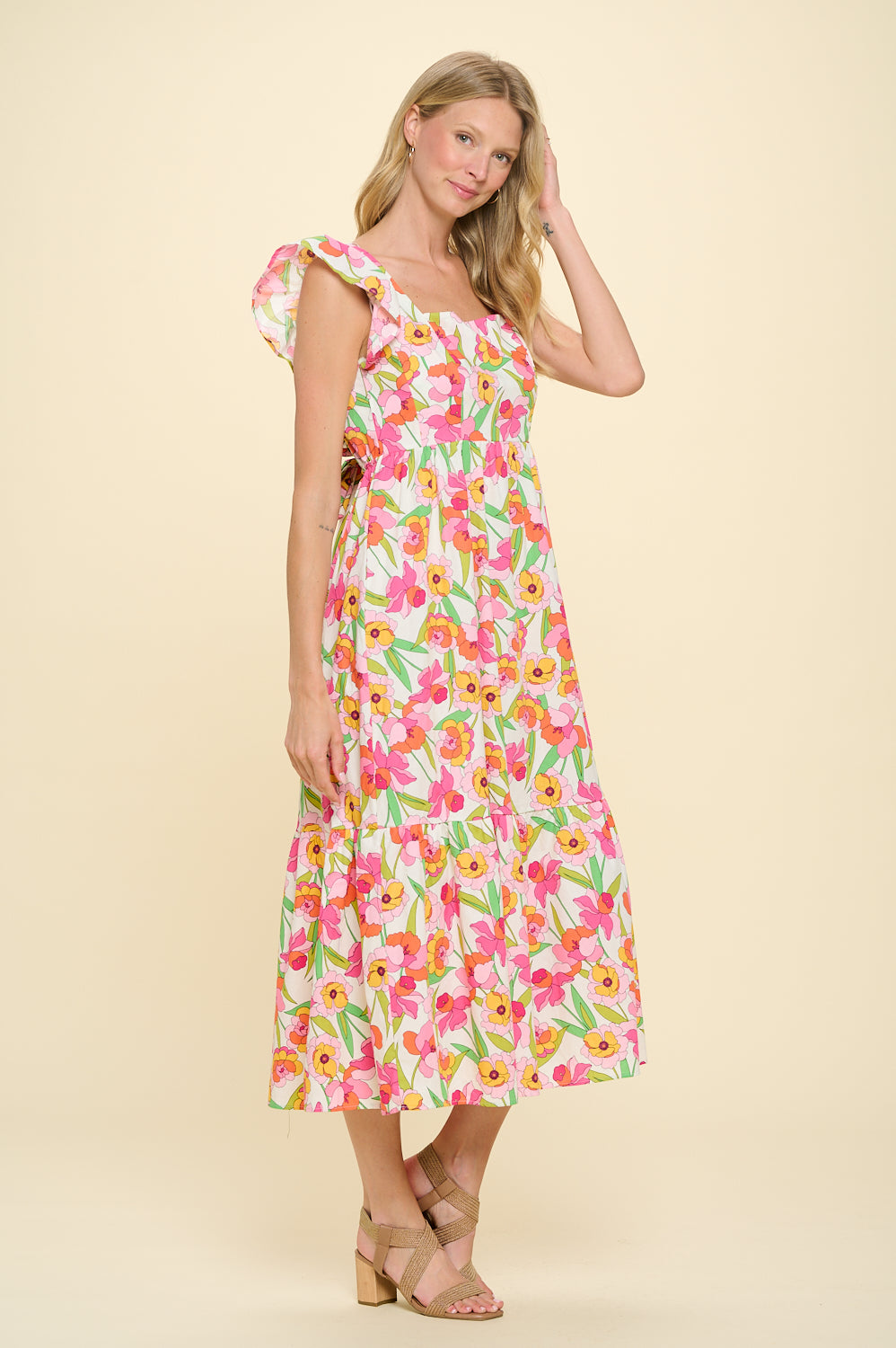 White Combo Smocked Midi Dress