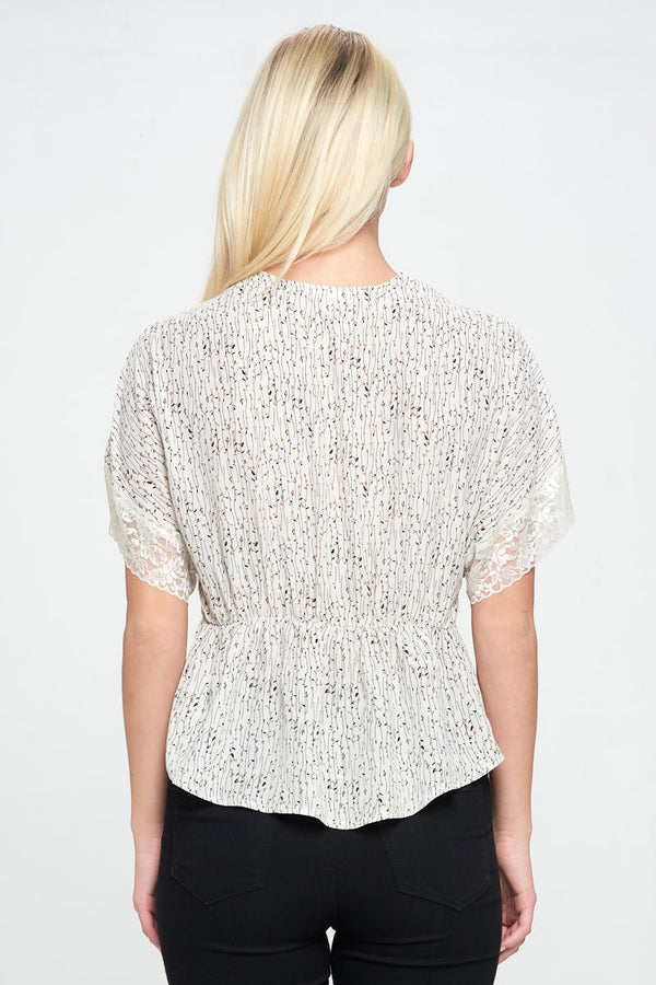 Lace Detail V-Neck Blouse with Short Sleeves