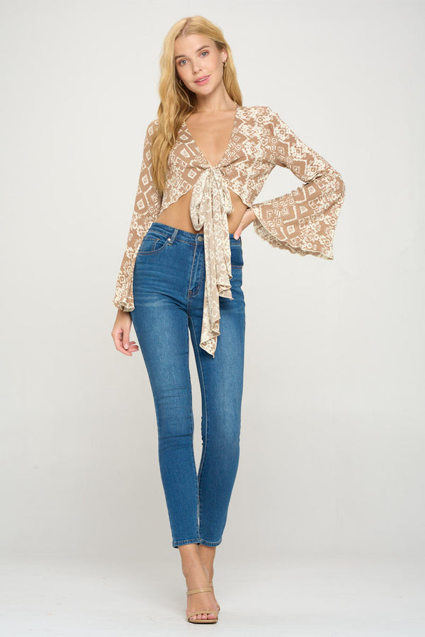 Boho Bell-Sleeve Crop Top with Tie-Front