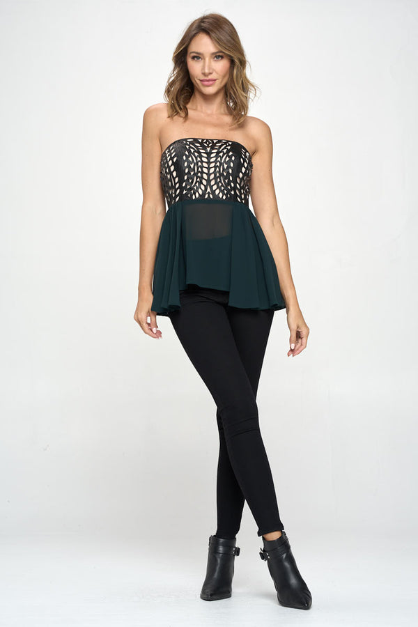 Strapless Laser-Cut Chiffon Peplum Top for Women