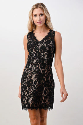 Sleeveless Lace Overlay Dress with Scalloped Edges