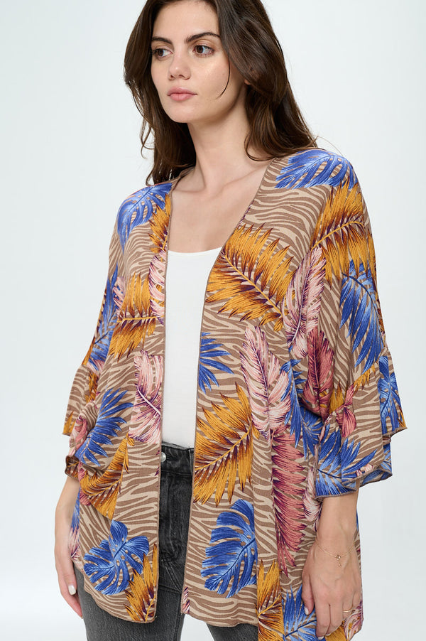 Tropical Leaf Print Open-Front Kimono Cardigan