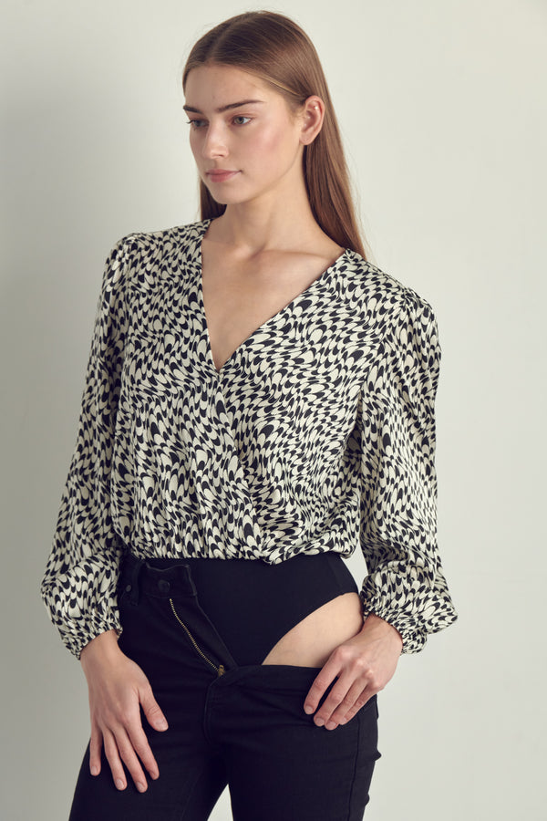 Women's V-Neck Abstract Print Blouse with Long Sleeves