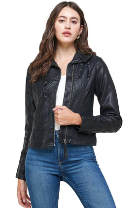 Faux Leather Moto Jacket with Zip Front and Buckle Details