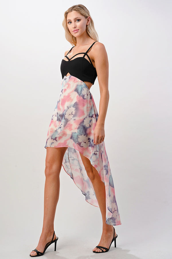 Strappy Bodice Tie-Dye High-Low Dress