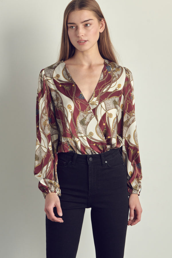 Women's V-Neck Abstract Print Blouse with Long Sleeves